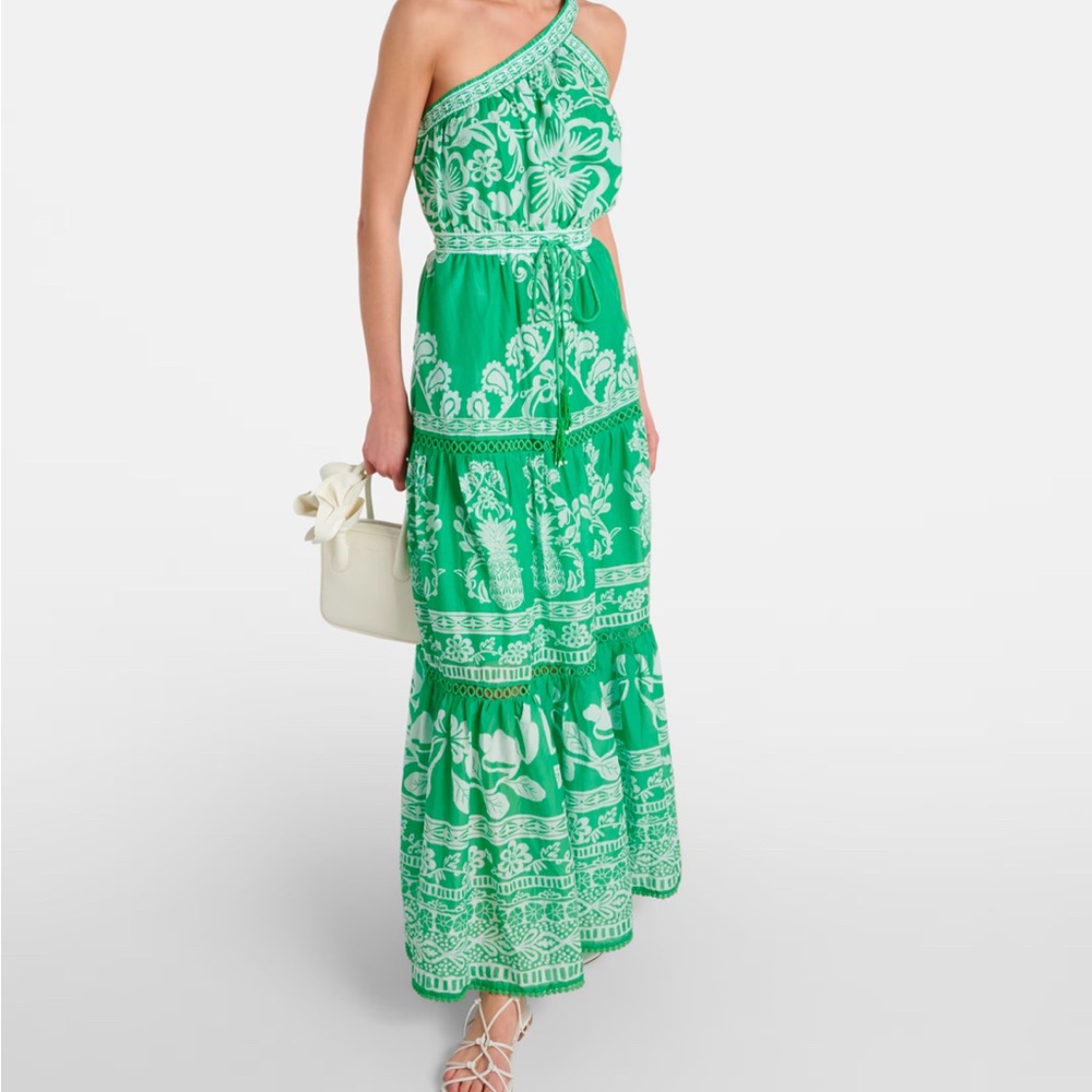 FARM Rio Green and White One-Shoulder Maxi Dress